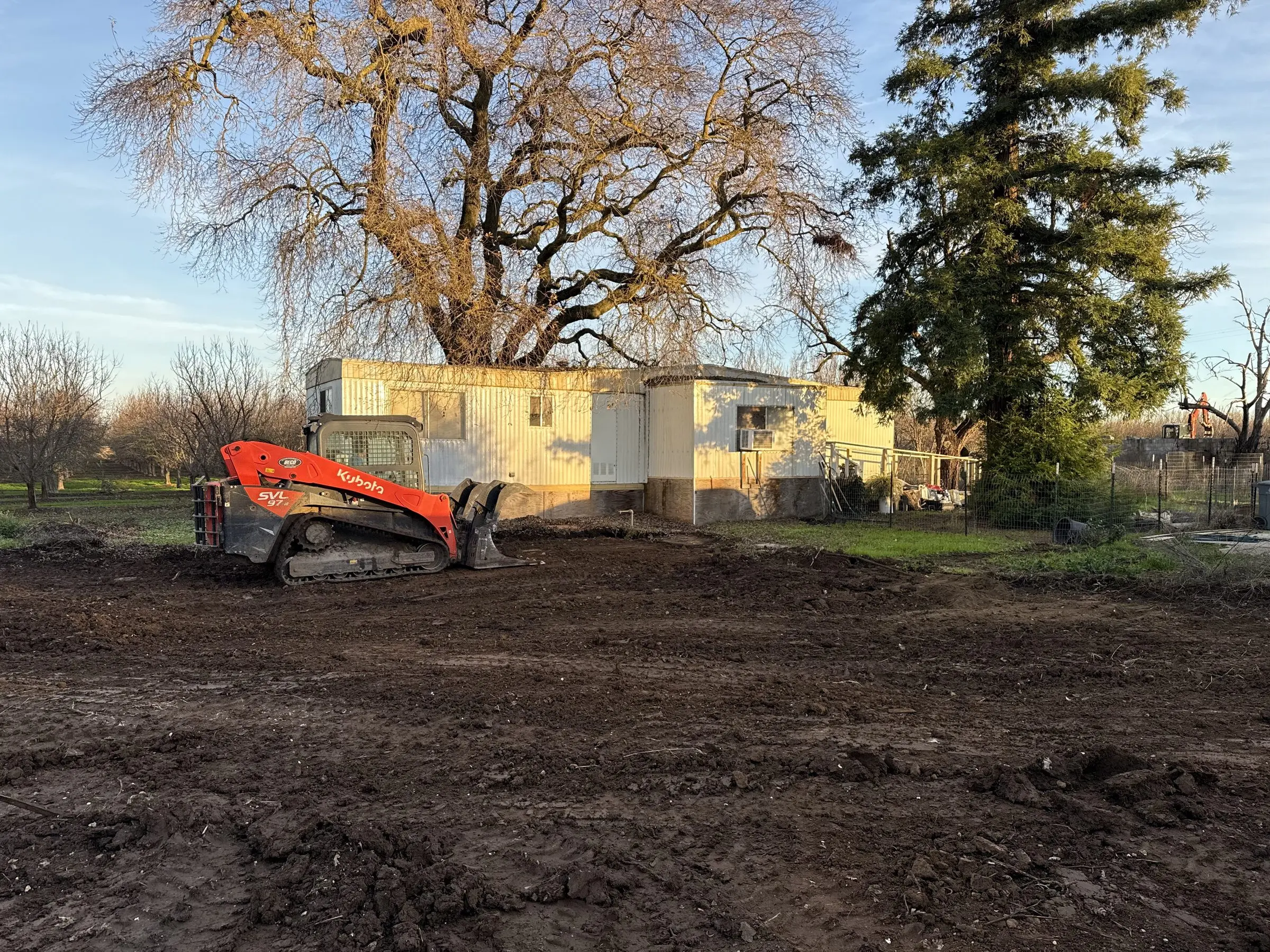 Skid steer grading a cleared lot in low sun